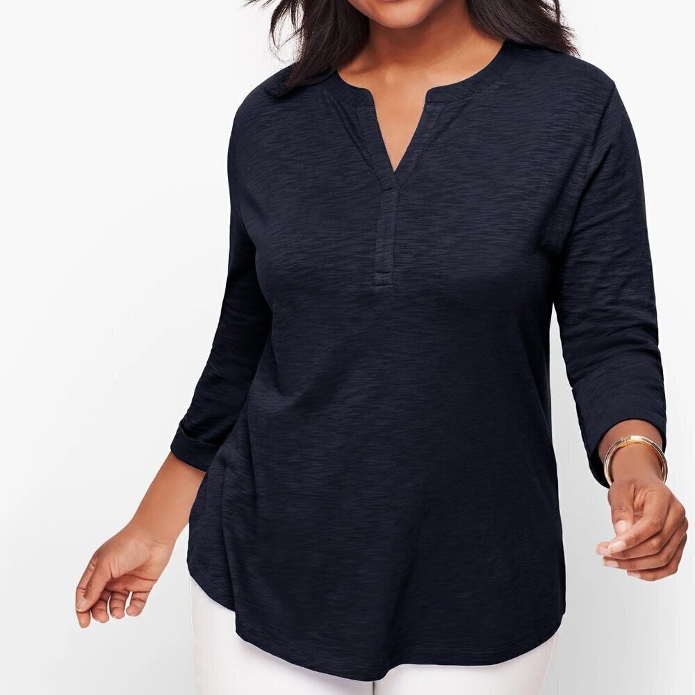 NWT Liz Claiborne Black V Neck 3/4 Sleeve Poplin Flowy Tunic Top